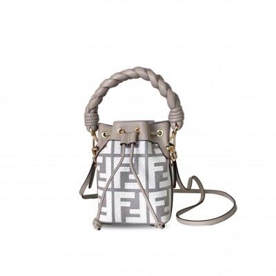 FENDI EMBROIDERED FABRIC AND LEATHER MINI MON TRESOR BUCKET BAG (18*12*10cm) 